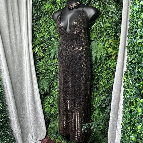 Y2K WET SEAL Dress Women Large Black Gold Metallic Pencil Gown Thigh Slit 2798