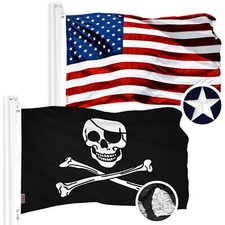 Combo: American  Pirate Jolly Roger Bones Flag 1x1.5 Ft Both Embroidered Poly