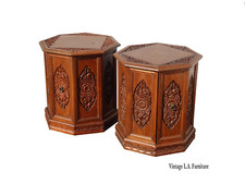 Pair of Vintage Brown Carved Octagon End Tables ~ Mediterranean style