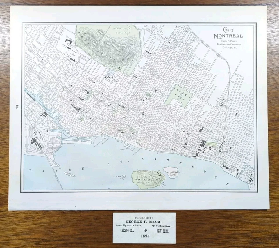 Mapa vintage 1894 ISLA DE MONTREAL QUEBEC CANADÁ 14"x11" ~ antiguo original antiguo Foto 2 de 4