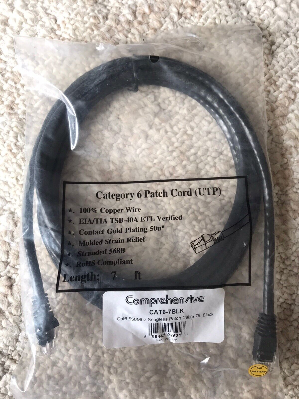 Comprehensive CAT6-7BLK Cat6 550 Mhz Snagless Patch Cable 7ft Black OEM