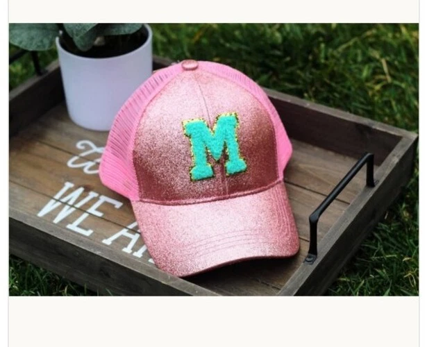 C.C. Glitter Baseball Hat with Varsity Letters High Ponytail Messy Buns Kids