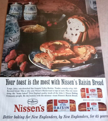 1966 print ad - John J Nissen Baking New England raisin bread bakery Advertising