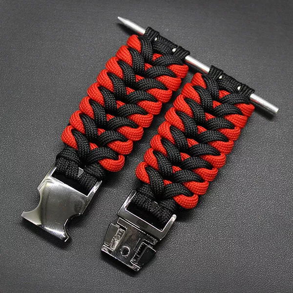 Black Red Paracord Watch Band Strap Replacement For 22mm, 24mm Lug size