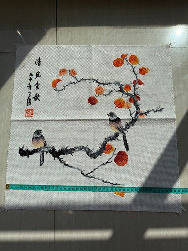 Handmade Gift completed finished cross stitch 17.72''x14.96''birds orange leaf - Picture 5 of 12