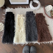 Women Knit Faux Fur Legs Warmers Lolita Girl Winter Plush Boot Cuffs Tassel Bow