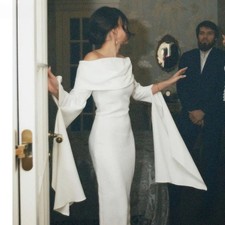 Satin Wedding Dress Strapless Customized White Ivory Long Sleeves Bridal Gown