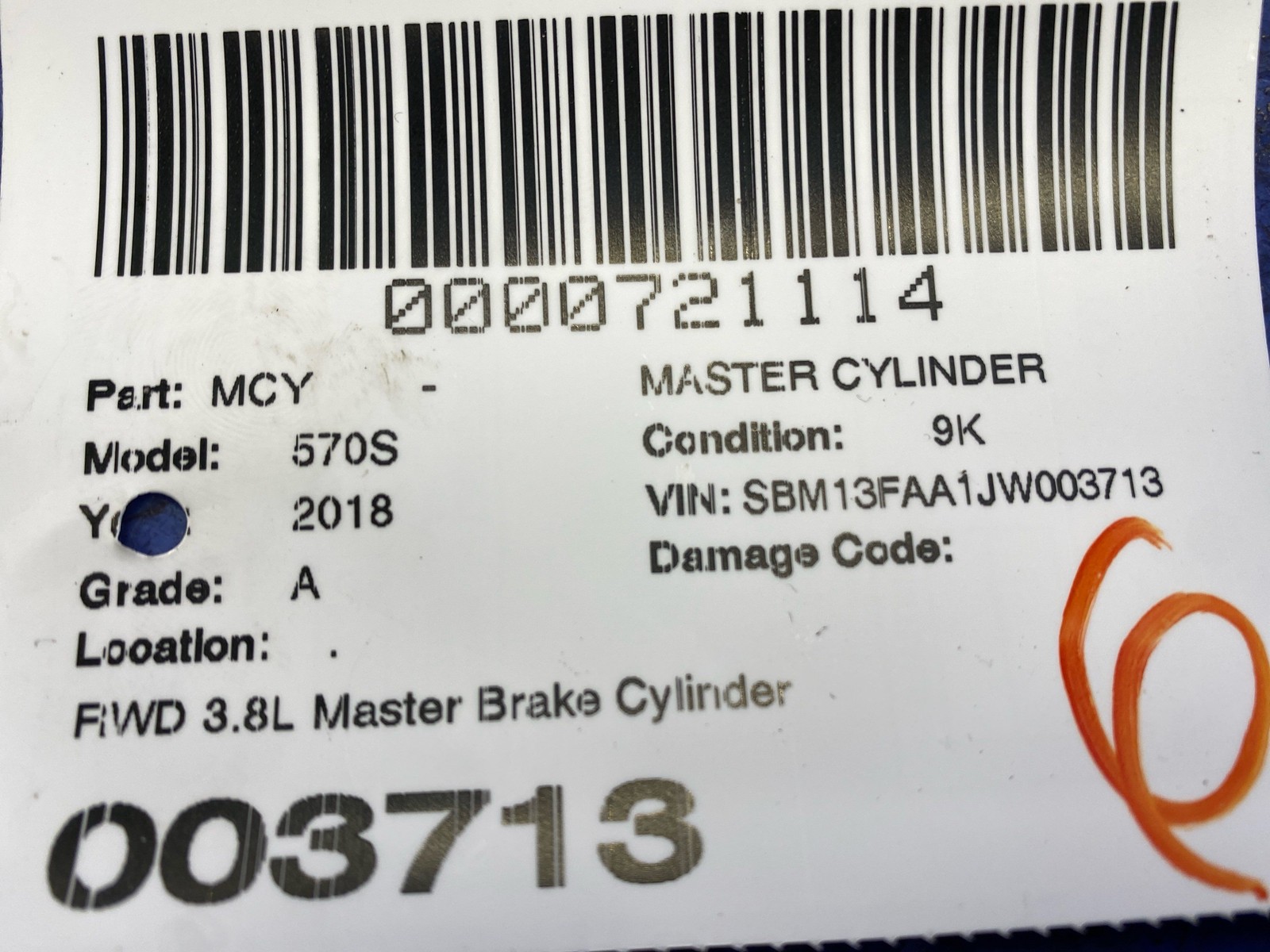 2016-2021 Mclaren 570s RWD 3.8L Master Brake Cylinder W/ Reservoir Bottle Tank