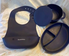 Bazzle Baby Foodie Silicone Feeding Set- Navy Blue- Bib, Bowl & Lid, Plate