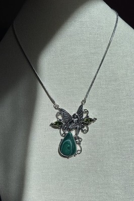Artisan-Made Woodland Fairy & Natural Malachite Green Stone Fantasy Necklace
