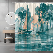 Tropical Sailboat Shower Curtain with Palm Tree Print