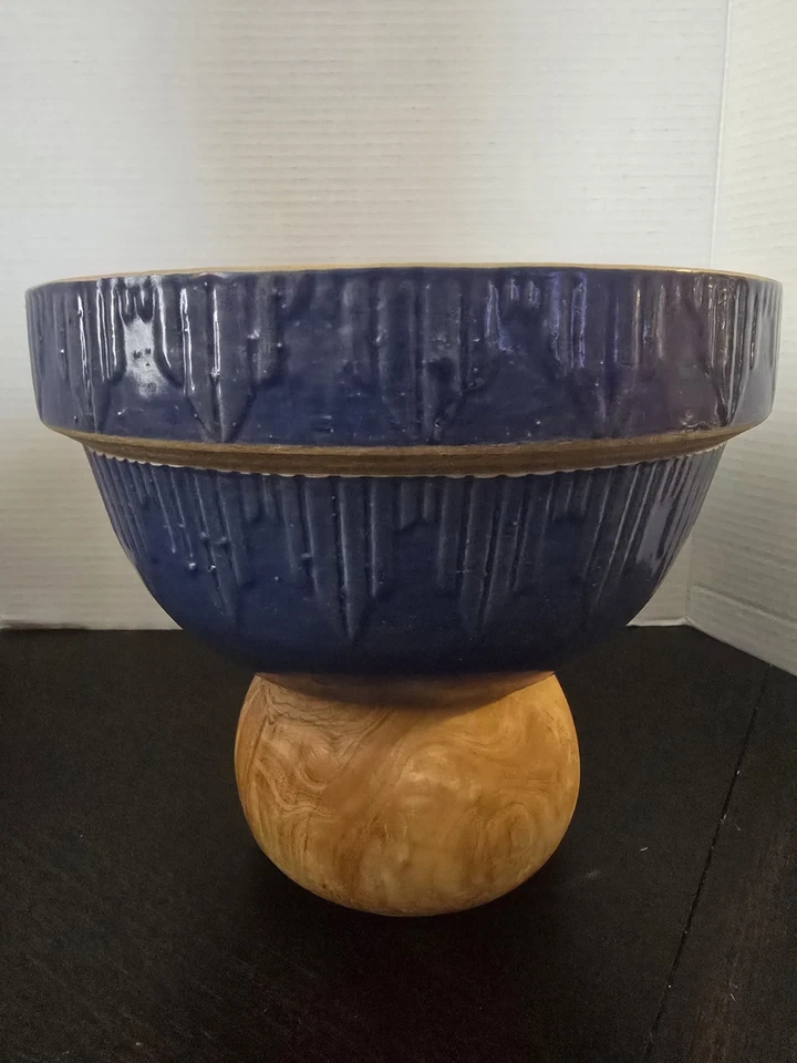 Vtg Antique 1910 A.D. Ruckles Pottery Blue Stoneware Picket Fence Mixing Bowl - Image 2 of 4