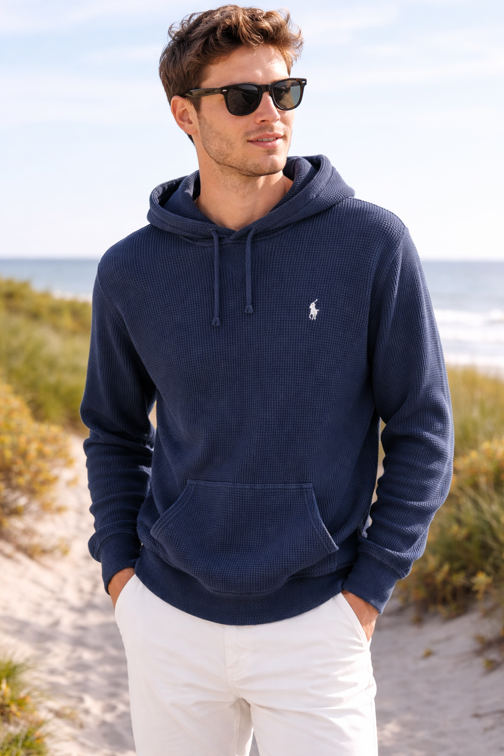 Polo Ralph Lauren Waffle Knit Henley Hoodie Navy Blue L  Pony Coastal Preppy