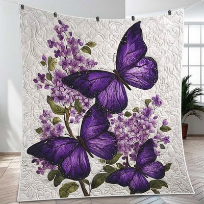 Purple Butterfly Quilt Blanket, Floral Lilac Bedding Elegant Women Present Throw
