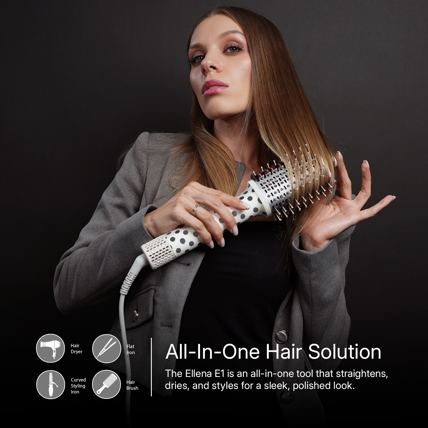 ELLENA E1 Blow Dryer + Straighten Hair Brush Air Styler Tool - All Hair Types