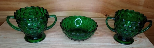 Vintage Anchor Hocking Forest Green Bubble Glass 2 Sugars and Dish Set