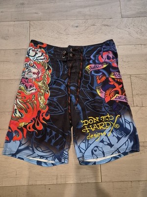 Ed Hardy Black Rose of Death Board Shorts  Mens Size 34