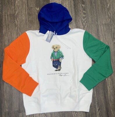 Polo Ralph Lauren Hoodie; Polo Bear -orange/green sleeves w/blue