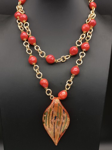 Collar Mujer Cadena Piedras Rojas Coral Vidrio De Murano Collar Doble Vuelo - Imagen 2 de 9