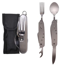 Stainless Steel Folding Chow Set Fork, Knife, Spoon, Bottle Opener & Can Opener