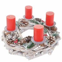 Adventskranz Rund, Weihnachtsdeko Tischkranz, Holz Ø 35Cm Mit Kerzen, Rot