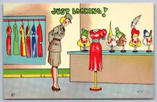 WWII comic military postcard JUST LOOKING female military hats and dresses