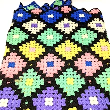 VTG Granny Square Crochet Blanket Retro 50s Pastels Large 47x72 Handmade MCM