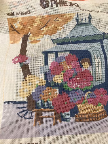 French Needlepoint Canvas flower shop 11 1/2” X 11 1/2” pillow Paris florist - Picture 2 of 9