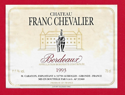 95 03 Etikett BORDEAUX Château Franc Chevalier 1993 Carayon Exploit. Auriolles