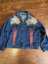 Long Haul Denim Jean Jacket Dark Women’s With Roses All Over Size Large Nice.