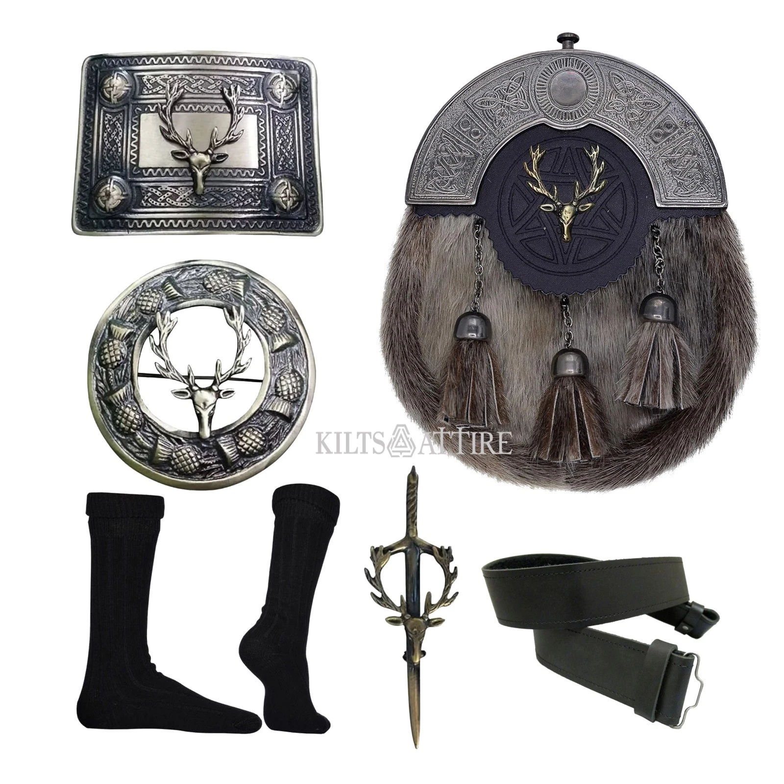 Men Stag Head Sporran Set Included Belt, Buckle, Pin, Brooch, Sporran, Socks