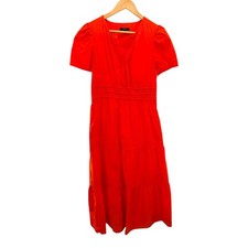 Quince Organic Cotton Tiered Maxi Dress Vermilion Red Short Puff Sleeve Small