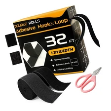 32 Ft × 1 Inch Hook and Loop Strips with Adhesive, 2 Rolls Black Self Stick
