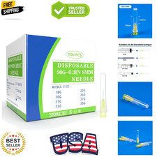 100 Pack 30 Ga 5/16 inch Disposable Needles with Caps for Scientific and Indu...