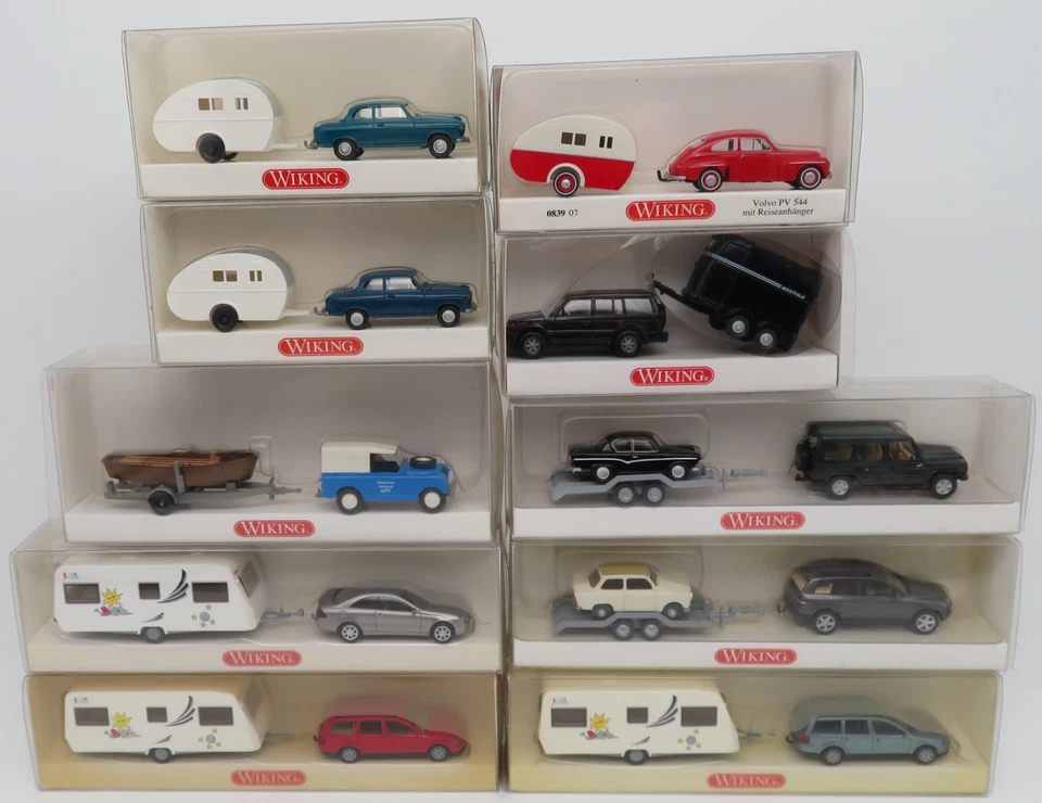 WIKING 1/87 HO VOITURE AVEC REMORQUE BATEAU CHEVAUX OU CARAVANE IN BOX au choix - Photo 1/1