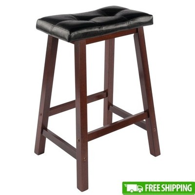 Wood Saddle Stool 24in Counter Height Padded Seat Perfect Kitchen Bar Game Room