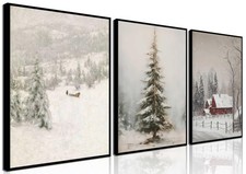 3Pcs Winter Snow Scene Wall Art Vintage Christmas tree Old Red Barn Canvas Pr...