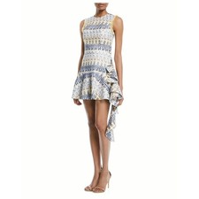 Alexis 100% Cotton Blue Yellow Greca Mosaic Print Ruffle Mini Dress Size Medium