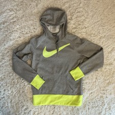 Nike Therma-Fit Hoodie Women Medium Gray Volt Neon Yellow Pullover Swoosh Thumbs
