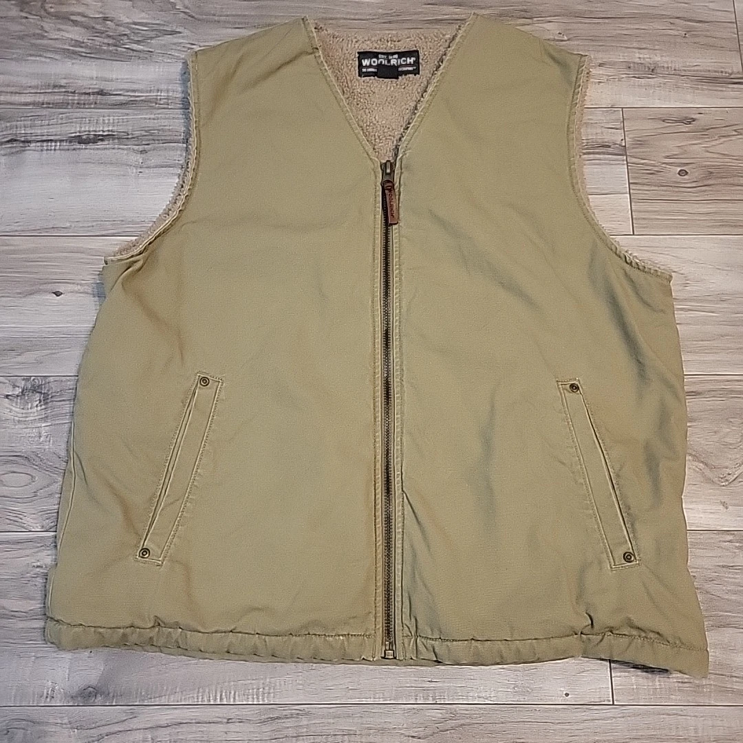 Woolrich Sherpa Lined Vest Mens Large Full Zip Canvas Workwear Dark Wheat Brown