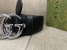 All Black Gucci Belt with Silver Buckle Black Leather Size 32-42