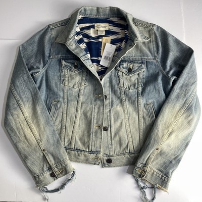 Denim & Supply Ralph Lauren Blue Wash Aztec Distressed Trucker Jacket Size L Neu mit Etikett