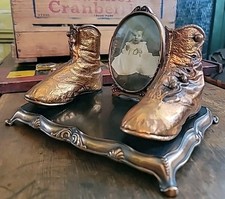 Antique Childs Shoes High Top Button Up Victorian Bronzed Pair 1900s Baby Photo