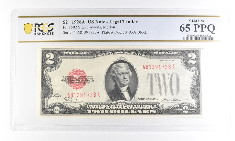 1928 A $2 EE. UU. Licitación Legal Fr#1502 Gema Unc 65 PPQ PCGS *2405