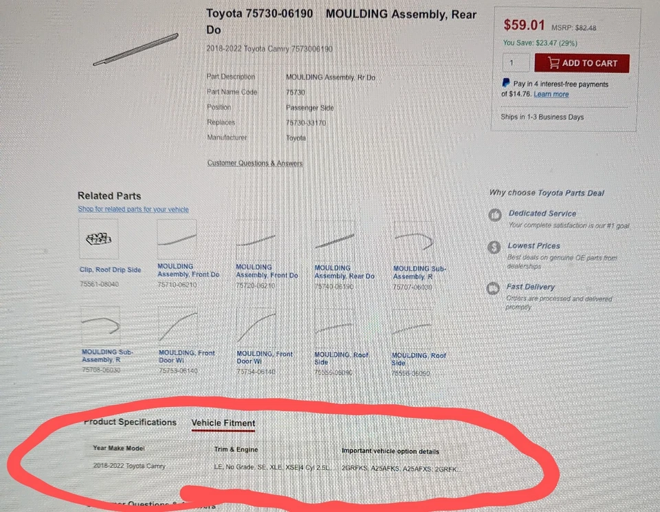 TOYOTA CAMRY 2018-2022 RH RIGHT REAR DOOR BELT MOLDING NEW OEM  75730-06190 - Image 4 of 4