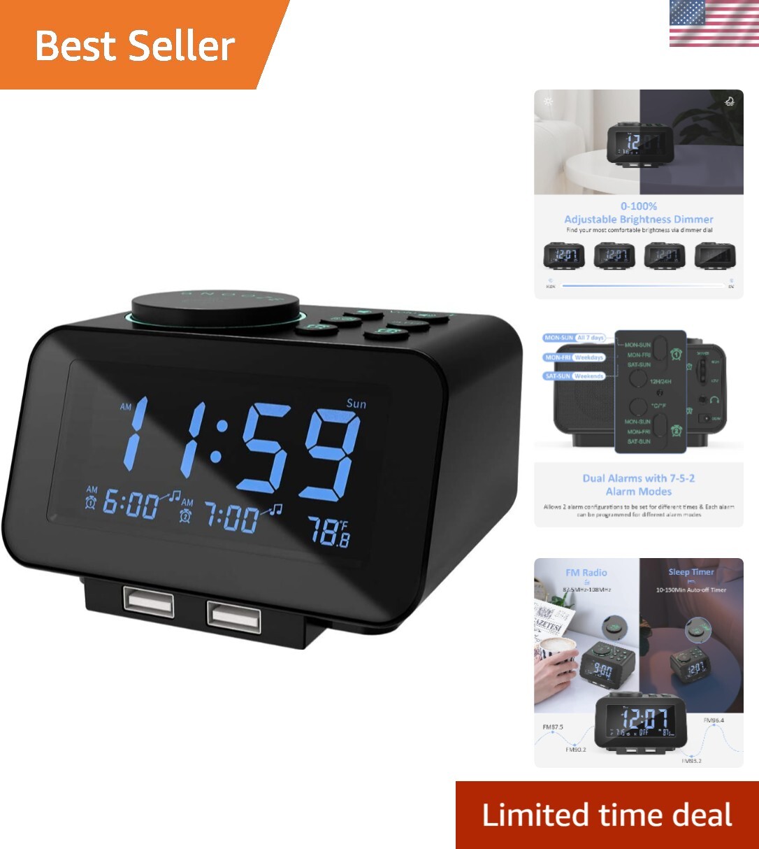 Traditional Digital Alarm Clock Radio - Adjustable Brightness & Volume Controls