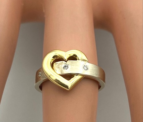 Magnifico Anello Oro 14 Carati - Cuore Oro Bianco E Diamanti - 2,96 G - Foto 2 di 2