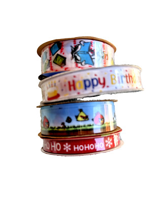 LOT of 4 New Wrapping Ribbon~ Angry Birds CAT IN THE HAT Ho Ho Ho HAPPY BIRTHDAY