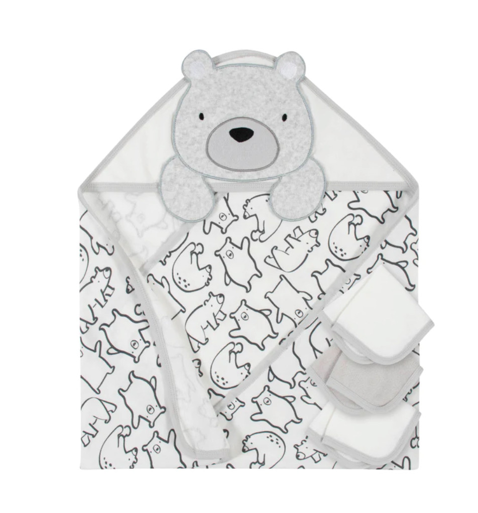 Baby Bear Gerber Baby Boy 4 Piece Terry Bath Set Hooded Towel NIP Gray