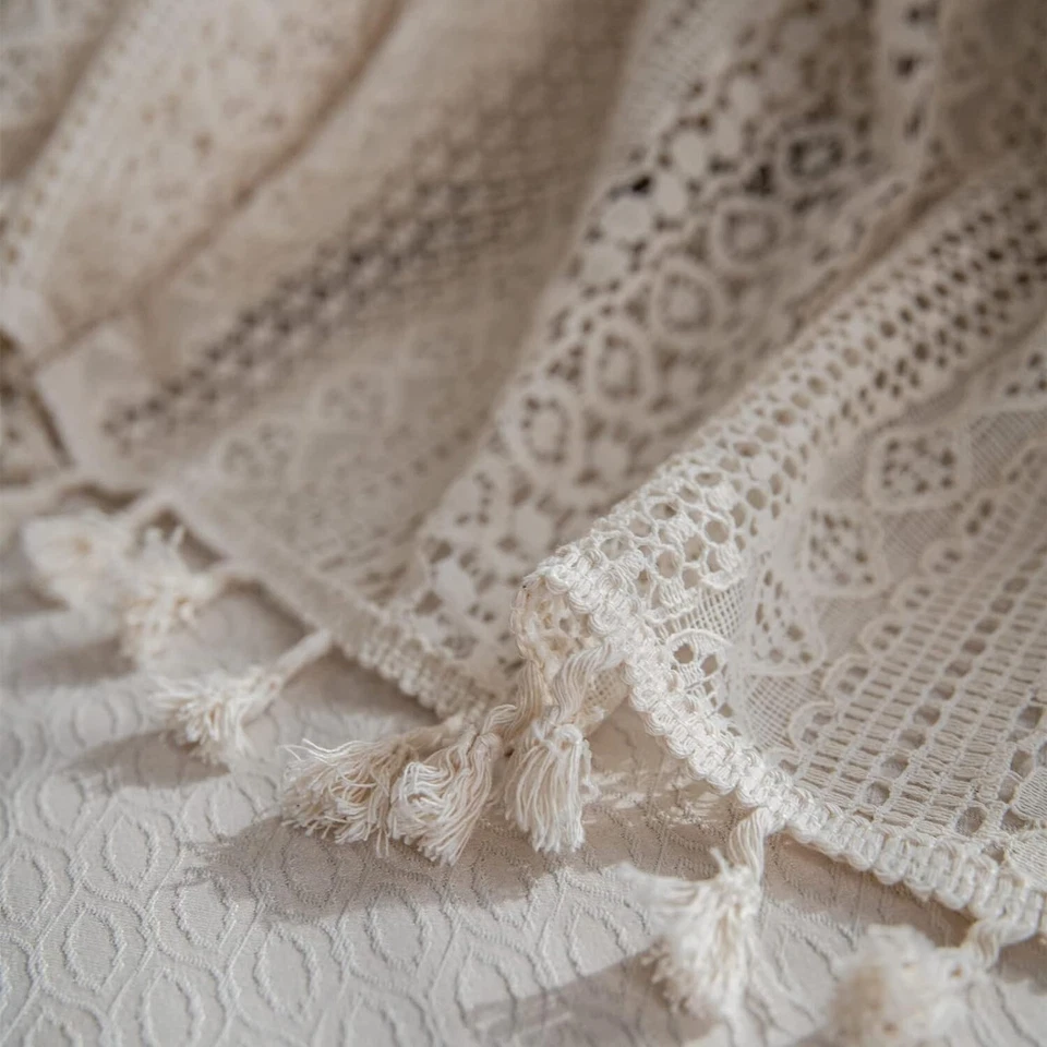Boho Crochet Borla Encaje Semi Transparente Cortinas Ventana Panel Decoración Granja Foto 3 de 4